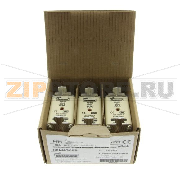 Предохранитель, 80 A, AC 500 В, 120 кА, NH00, gL/gG, IEC Eaton 0NH FUSE 80AMP 500V gG SIZE 00 DUAL 