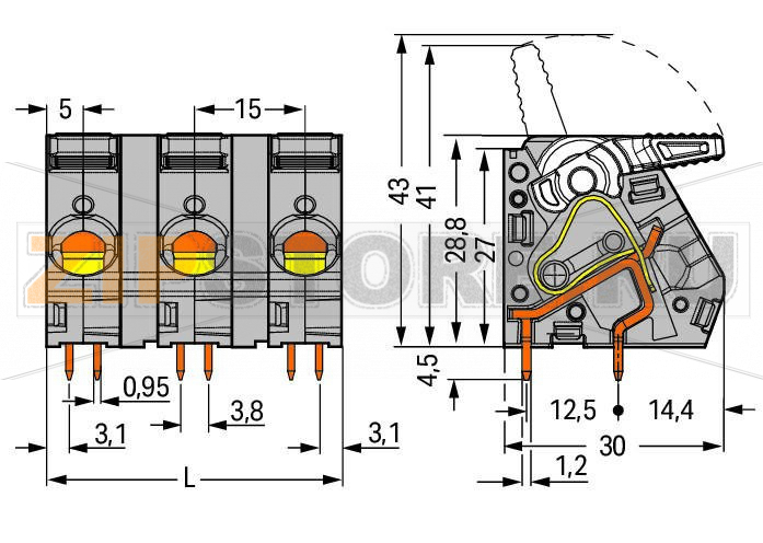 Клемма на печатную плату; рычаг; 16 мм; Шаг контактов 15 мм; 5-пол.; CAGE CLAMP®; 16,00 mm; серые Wago 2716-205 Сильноточные клеммные колодки с зажимами CAGE CLAMP®, с рабочими рычагамиОткрытие и закрытие без использования инструментов – рычаги открываются/закрываются при помощи пальцевНесколько зажимов могут быть открыты одновременно– удобно для монтажа многожильных кабелейЧетыре вывода под пайку для контакта высокого уровня механической стабильности600 В UL для шага контактов 15 ммВывод и размеры сопоставимы с сильноточными клеммами винтового типа...