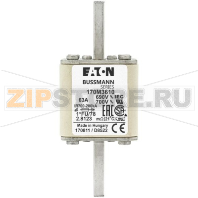 Предохранитель, 63 A, AC 690 В, size 1, 45x45x140 мм, aR, IEC UL Eaton FUSE 63A 690V 1*FU/78 A 