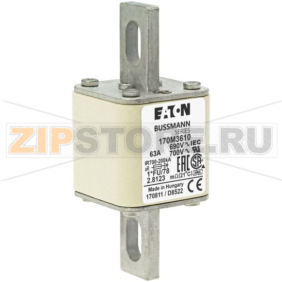Предохранитель, 63 A, AC 690 В, size 1, 45x45x140 мм, aR, IEC UL Eaton FUSE 63A 690V 1*FU/78 A 