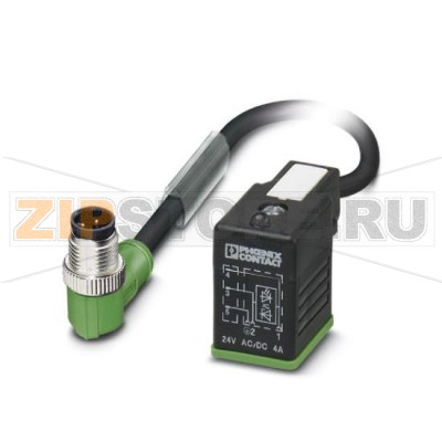 Кабель для датчика / исполнительного элемента Phoenix Contact SAC-3P-M12MR/0,6-PUR/B-1L-S 3-полюсн., PUR/ПВХ, черный RAL 9005, Штекеры угловой M12, А-кодирование, к Штекер типа В для электромагнитного клапана (10 мм), с помощью 1 светодиод, подключение с помощью Диод Зенера, Длина кабеля: 0,6 м.Минимальный заказ: 5 шт.Упаковка: 5 шт.