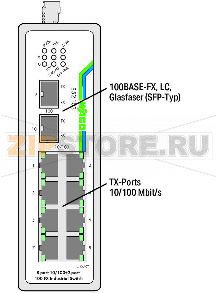 Промышленный переключатель; 8 портов 100Base-TX; 2 разъема 100Base-FX; черные Wago 852-103 
