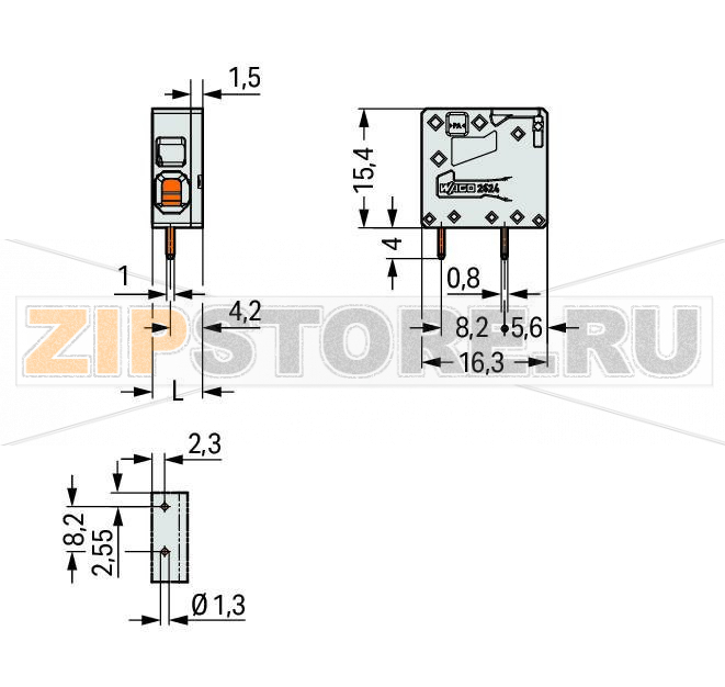 Клемма на печатную плату; 4 mm; Шаг контактов 5 мм; 1-пол.; Push-in CAGE CLAMP®; 4,00 mm; серые Wago 2624-1101 PCB terminal blocks with Push-in CAGE CLAMP® connectionPush-in termination of solid and ferruled conductorsIdeal for panel feedthrough applications via operation parallel to conductor entryTesting can be performed both parallel and perpendicular to conductor entry...