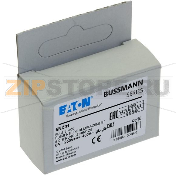 Предохранитель, 6 A, AC 400 В, 50 кА, D01, gL/gG, IEC с задержкой Eaton FUSE-D01 6A T GL/GG 400VAC 