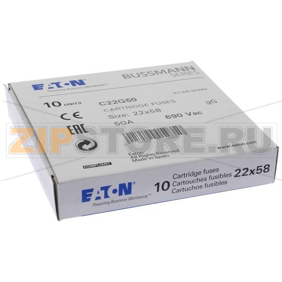 Предохранитель, 50 A, AC 690 В, 80 кА, 22x58 мм, gL/gG, IEC Eaton CYLINDRICAL FUSE 22x58 50A GG 