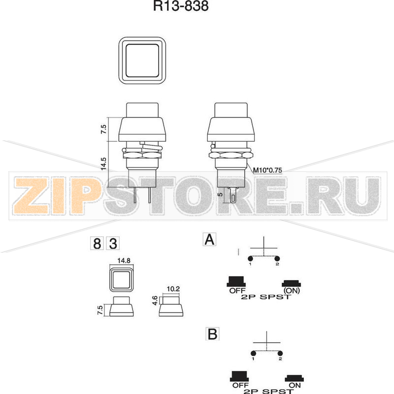 Кнопка 250 В/AC, 1 А, 1 x выкл/вкл, с фиксацией, 1 шт TRU Components TC-R13-83B-05BK 
