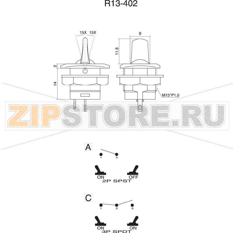 Тумблер 250 В/AC, 3 А, 1 x выкл/вкл, 1 шт SCI R13-402A-05 
