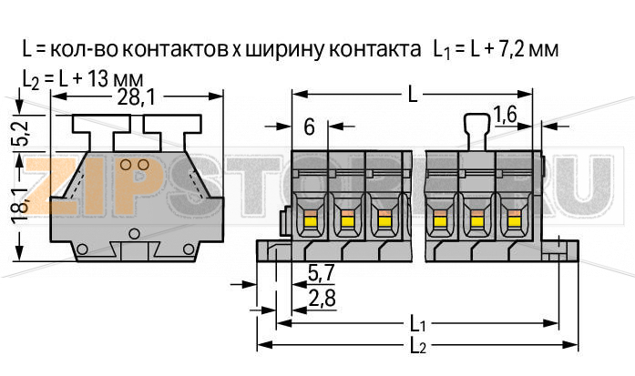 2-проводные клеммные колодки; 8-пол.; с обеих сторон с нажимными кнопками; с крепежными фланцами; для винтового или аналогичных типов крепления; Крепежное отверстие 3,2 мм O; 2,5 мм; CAGE CLAMP®; 2,50 mm; серые Wago 261-428/341-000 