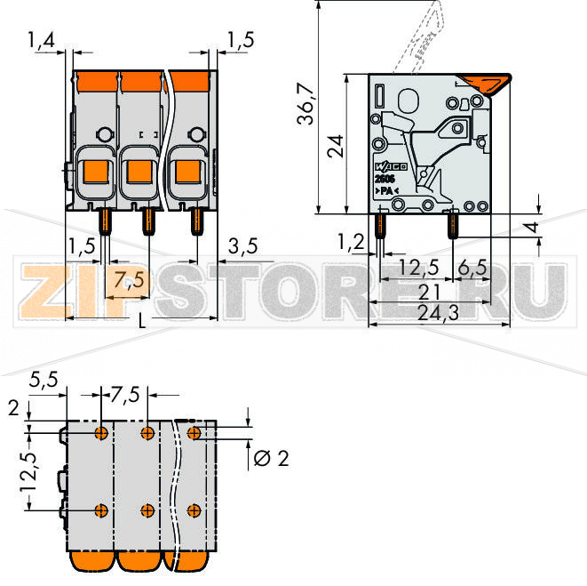 Клемма на печатную плату; рычаг; 3; Шаг контактов 7,5 мм; 2-пол.; Push-in CAGE CLAMP®; 6,00 mm; серые Wago 2606-1102 Клеммные?колодки?с?зажимами?Push-in CAGE CLAMP®,?приводимыми?в?действие?при?помощи?нажимных?кнопокЗажим одножильных проводников и тонкожильных проводников с наконечниками путем вставкиНажимные кнопки, открывающие зажим с минимальными усилиями, для простого подключения / извлечения тонкопроволочных проводниковУдобный монтаж без использования инструментовИсполнения с тестовыми разъемами и разделителями и без нихДоступны исполнения с индивидуальным внутренним объединением (заводская сборка), например, объединение с заземляющим проводом...