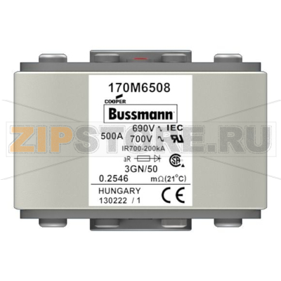 Предохранитель, 500 A, AC 690 В, 200 кА, size 3, 76x92x53 мм, aR, IEC UL Eaton FUSE 500A 690V 