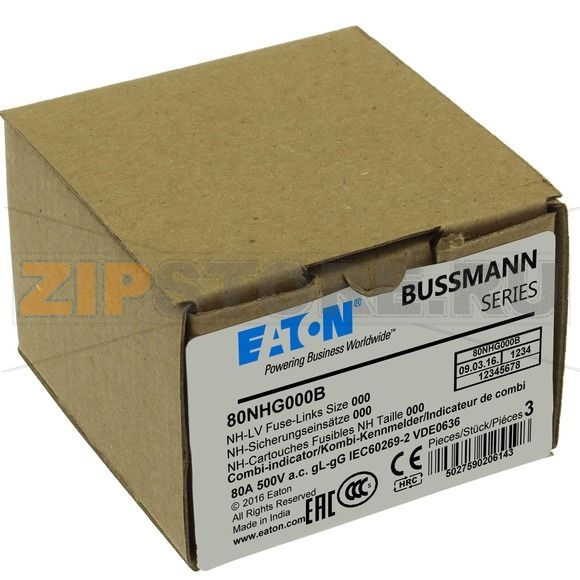 Предохранитель, 80 A, AC 500 В, 120 кА, NH000, gL/gG, IEC Eaton NH FUSE 80AMP 500V SIZE 000 GG MGL 