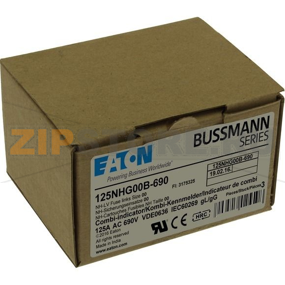 Предохранитель, 125 A, AC 690 В, 120 кА, NH00, gL/gG, IEC Eaton NH FUSE 125AMP 690V gG SIZE 00 
