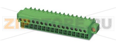 Вилочная часть Phoenix Contact FRONT-MC 1,5/17-STF-3,81 Номинальный ток: 8 А, Расчетное напряжение (III/2): 160 В, Полюсов: 17, Размер шага: 3,81 мм, Технология подключения: Винтовые зажимы, Цвет: зеленый, Поверхность контакта: олово.Минимальный заказ: 50 шт.Упаковка: 50 шт.