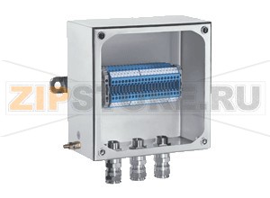 Взрывозащищённая коробка Terminal Junction Boxes Stainless Steel SLS**.T Pepperl+Fuchs Electrical specificationsOperating voltage690 V AC max.Operating current109 A max.Mechanical specificationsEnclosure coverfully detachableCover fixingsee PDF data sheetDegree of protectionIP66Cable entrysee PDF data sheetDefined entry areasee PDF data sheetTerminal assemblyRail orientationsee PDF data sheetNumber of railssee PDF data sheetUsable length per railsee PDF data sheetTerminal typeStandard see PDF data sheet, other terminal types optionalNumber of terminals  per railsee PDF data sheetMaterialEnclosure1.5 mm 316L, (1.4404) stainless steelFinishelectropolishedSealone piece closed cell neopreneMasssee PDF data sheetDimensionssee PDF data sheetMountingsee PDF data sheetGroundingM6 internal/external brass grounding boltAmbient conditionsAmbient temperature-40 ... 40 °C (-40 ... 104 °F) , optional -50 ... 120 °C (-58 ... 248 °F)Data for application in connection with hazardous areasEU-Type Examination CertificateSIRA 99 ATEX 3199Markingsee PDF data sheetInternational approvalsIECEx approvalIECEx SIR 06.0074INMETROTÜV 13.1665XEAC approvalTC RU C-DE.GB06.B.00567ConformityDegree of protectionEN60529General informationOrdering informationThis Terminal Junction Box will be delivered completely configured and assembled ready for use. For configuration details please contact Customer Service.Supplementary informationEC-Type Examination Certificate, Statement of Conformity, Declaration of Conformity, Attestation of Conformity and instructions have to be observed where applicable. For information see www.pepperl-fuchs.com.AccessoriesOptional accessoriessee PDF data sheet
