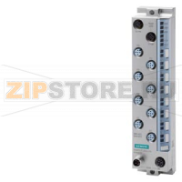 SIMATIC ET 200eco PN, DI 8x 24V DC, M12-L, 8x M12, single and duplicate assignment, input type 3 (IEC 61131), sink input (PNP, sinking input), input delay 0,05..20ms, channel diagnostics for: wire break at input, encoder power supply short circuit, 0.25 m