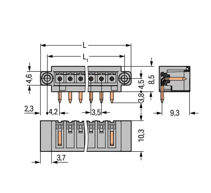 MCS MINI Вилка THT; 1.0 x 1.0 mm solder pin; угловые; 100% защита от неправильного подсоединения; Резьбовой фланец; Шаг контактов 3,5 мм; 9-пол.; светло-серые Wago 734-169/108-000 Сечение контактов 1 x 1 мм позволяет проводить ток до 10 A100% защита от неправильного подсоединенияВозможны варианты кодировки...