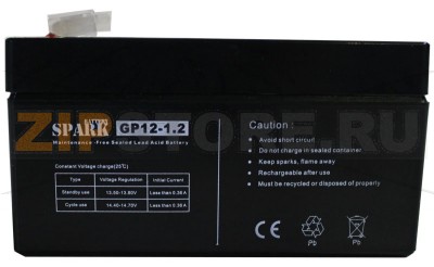 Spark GP 12-1,2 Аккумулятор Spark GP 12-1,2Характеристики: Напряжение - 12V; Емкость - 1,2Ah;Габариты: длина 97 мм, ширина 43 мм, высота 52 мм.