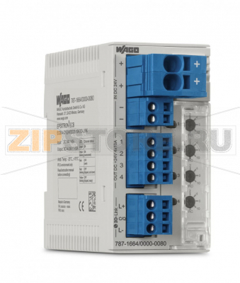 electronic circuit breaker; 4-channel; 24 VDC input voltage; adjustable 1 … 10 A; IO-Link Wago 787-1664/000-080 Features:Space-saving ECB with four channelsNominal current: 1 … 10 A (adjustable for each channel via sealable selector switch or IO-Link interface)Switch-on capacity > 50000 ?F per channelOne illuminated, three-colored button per channel simplifies switching (on/off), resetting, and on-site diagnosticsTime-delayed switching of channelsStatus message and current measurement of each individual channel via IO-Link interfaceSwitch on/off each channel separately via IO-Link interface...