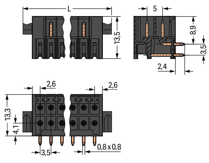 MCS MINI HD Вилка под пайку THR, 2-рядн.; 0.8 x 0.8 mm solder pin; угловые; 100% защита от неправильного подсоединения; Рычаги; Шаг контактов 3,5 мм; 2 x 11-полюсов; черные Wago 713-1431/116-000 Вилки для пайки оплавлением припоя для поверхностного монтажаРазделенные разъемы выводов предотвращают повреждения и обеспечивают вилкам защиту от касания в неподсоединенном состоянии100% защита от неправильного подсоединенияВозможны варианты кодировки...