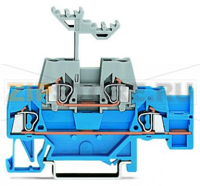 Double-deck terminal block; Through/through terminal block; with additional jumper position on lower level; for DIN-rail 35 x 15 and 35 x 7.5; 2.5 mm; CAGE CLAMP®; 2,50 mm; blue/gray Wago 280-524 Примечание:Terminating Aluminum ConductorsWAGO spring clamp terminal blocks are suitable for solid aluminum conductors up to 4 mm?/12 AWG if WAGO “Alu-Plus” Contact Paste is used for termination.“Alu-Plus” Contact Paste Advantages:Automatically destroys the oxide film during clamping.Prevents fresh oxidation at the clamping point.Prevents electrolytic corrosion between aluminum and copper conductors (in the same terminal block).Provides long-term protection against corrosion....