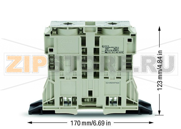 POWER CAGE CLAMP 2-проводные проходные клеммы; 185 мм; подходят для исполнений Ex e II; боковые маркировочные разъемы; с крепежными фланцами; POWER CAGE CLAMP; 185,00 mm; светло-серые Wago 285-1163 