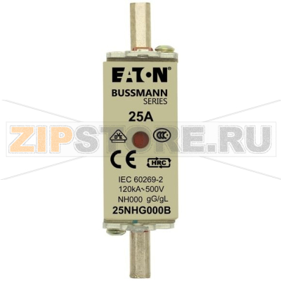 Предохранитель, 25 A, AC 500 В, 120 кА, NH000, gL/gG, IEC Eaton NH FUSE 25AMP 500V SIZE 000 GG MGL 