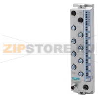 SIMATIC ET 200eco PN, DI 16x 24V DC, M12-L, 8x M12, duplicate assignment, input type 3 (IEC 61131), sink input (PNP, sinking input), input delay 0,05..20ms, channel diagnostics for: wire break at input, encoder power supply short circuit, 0.25 ms isochron