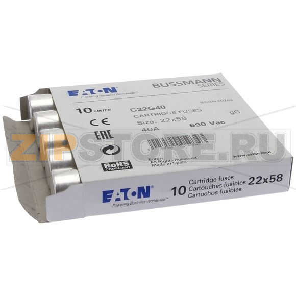 Предохранитель, 40 A, AC 690 В, 80 кА, 22x58 мм, gL/gG, IEC Eaton CYLINDRICAL FUSE 22x58 40A GG 
