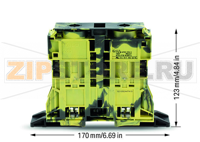 POWER CAGE CLAMP 2-проводные проходные клеммы; 185 мм; подходят для исполнений Ex e II; боковые маркировочные разъемы; с крепежными фланцами; POWER CAGE CLAMP; 185,00 mm; темно-серо-желтые Wago 285-1167/999-950 