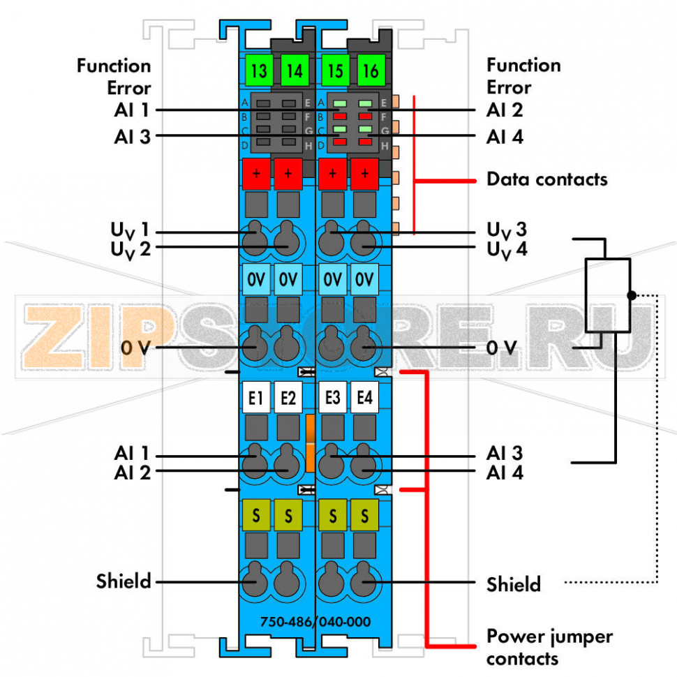 4 аналоговых входа; 0/4 – 20 мA; Искробезопасный; Extreme; синие Wago 750-486/040-000 This analog input module powers the intrinsically safe signal conditioners located in the hazardous areas of Zone 0+1 and processes their analog signals.The WAGO I/O System 750 XTR must be installed either in Zone 2 or in a non-hazardous area.The 24 V supply is derived from the module's power jumper contacts. The transmitter supply is non-inherently electronically short-circuit-protected.The shield directly connects to the DIN-rail.Indicators:Green LED (availability ON/OFF)Red LED (measurement range overflow/underflow, wire breakage, short circuit)Field and system levels are electrically isolated.The device is ideal for operation in extreme environments thanks to:Extended temperature rangeGreater immunity to impulse voltages and electromagnetic interferenceHigher vibration and shock resistance...