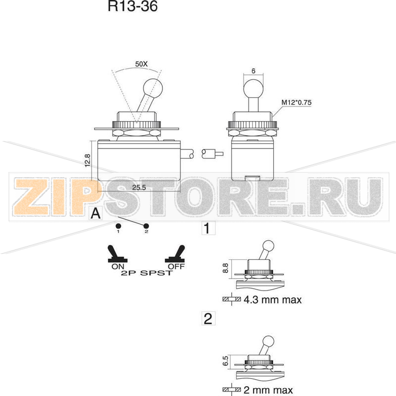 Тумблер 250 В/AC, 3 А, 1 x выкл/вкл, 1 шт SCI R13-36A2-05 