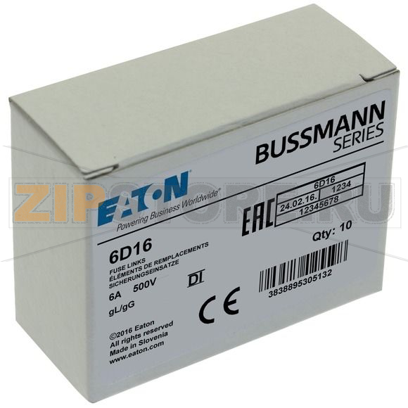 Предохранитель, 6 A, AC 500 В, 100 кА, D1, 13.2x6 мм, gL/gG, IEC с задержкой Eaton FUSE-D1 6A T GL/GG 500VAC E16 