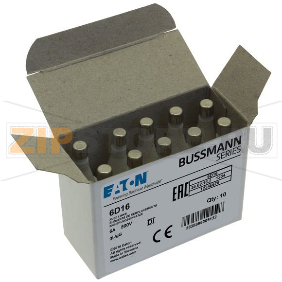 Предохранитель, 6 A, AC 500 В, 100 кА, D1, 13.2x6 мм, gL/gG, IEC с задержкой Eaton FUSE-D1 6A T GL/GG 500VAC E16 