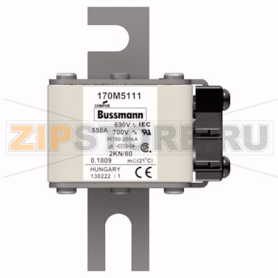 Предохранитель, 550 A, AC 690 В, 200 кА, 2, 61x77x108 мм, aR, DIN, IEC Eaton FUSE 550A 690V 2KN 