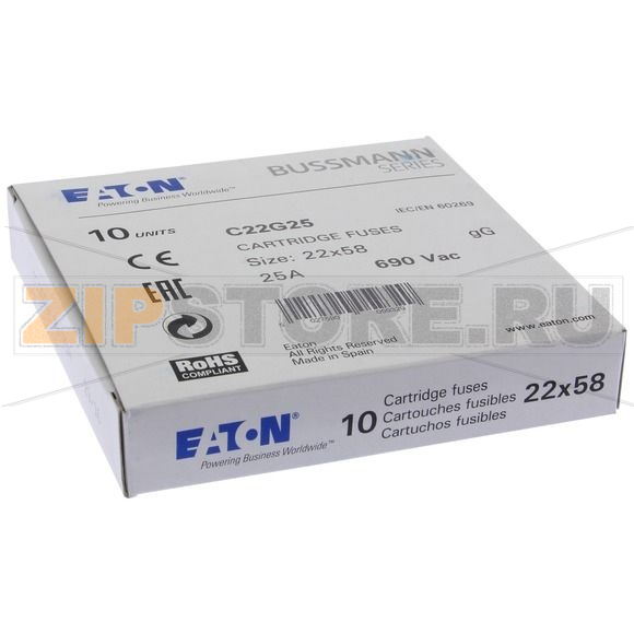 Предохранитель, 25 A, AC 690 В, 80 кА, 22x58 мм, gL/gG, IEC Eaton CYLINDRICAL FUSE 22x58 25A GG 