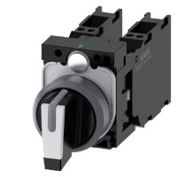 ПОВОРОТНЫЙ ПЕРЕКЛЮЧАТЕЛЬ С ВОЗМОЖНОСТЬЮ ПОДСВЕТКИ, 22MM, КРУГЛЫЙ, ПЛАСТИК С МЕТАЛЛИЧЕСКИМ ФРОНТАЛЬНЫМ КОЛЬЦОМ, КОРОТКАЯ ЧЁРНАЯ РУКОЯТКА С БЕЛОЙ ВСТАВКОЙ, 3 КОММУТАЦИОННЫХ ПОЛОЖЕНИЯ I-O-II, С ФИКСАЦИЕЙ, УГОЛ ПЕРЕКЛЮЧЕНИЯ 2X45 ГРАД., 10:30H/12H/13:30H, С ДЕ