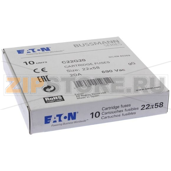 Предохранитель, 20 A, AC 690 В, 80 кА, 22x58 мм, gL/gG, IEC Eaton CYLINDRICAL FUSE 22x58 20A GG 