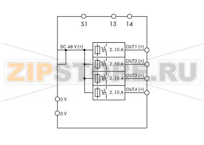 electronic circuit breaker; 4-channel; 48 VDC input voltage; adjustable 2 … 10 A; Signal contact Wago 787-1664/000-250 Features:Space-saving ECB with four channelsNominal current: 2 … 10 A (adjustable for each channel via sealable selector switch)Switch-on capacity > 23000 ?F per channelOne illuminated, three-colored button per channel simplifies switching (on/off), resetting, and on-site diagnosticsTime-delayed switching of channelsTripped message (group signal)Remote input resets all tripped channelsPotential-free signal contact 13 / 14 reports “channel switched off” and “tripped channel” – does not support communication via pulse sequence...