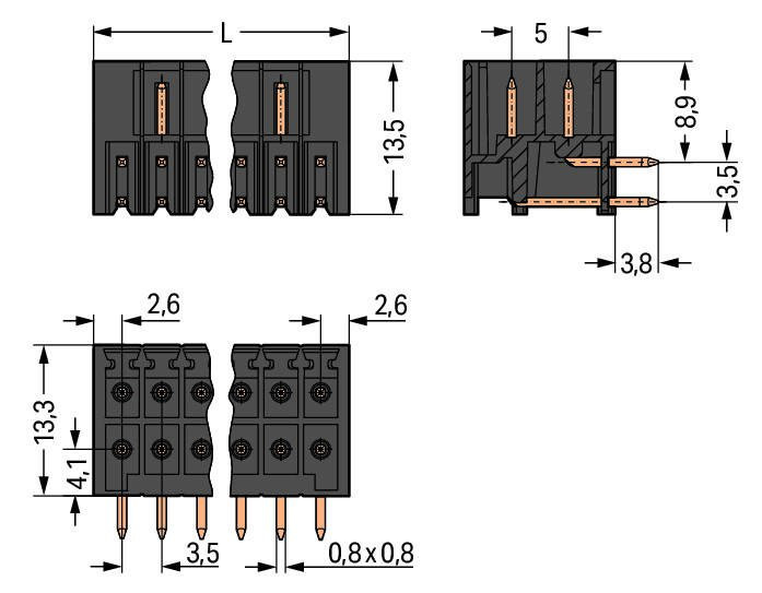 MCS MINI HD Вилка THT, 2-рядн.; 0.8 x 0.8 mm solder pin; угловые; 100% защита от неправильного подсоединения; Шаг контактов 3,5 мм; 2 x 7-полюсов; черные Wago 713-1427 Корпус вилок отливается из изоляционного материала, пригодного для пайки оплавлением припоя без использования свинцаРазделенные разъемы выводов предотвращают повреждения и обеспечивают вилкам защиту от касания в неподсоединенном состоянии100% защита от неправильного подсоединенияВозможны варианты кодировки...