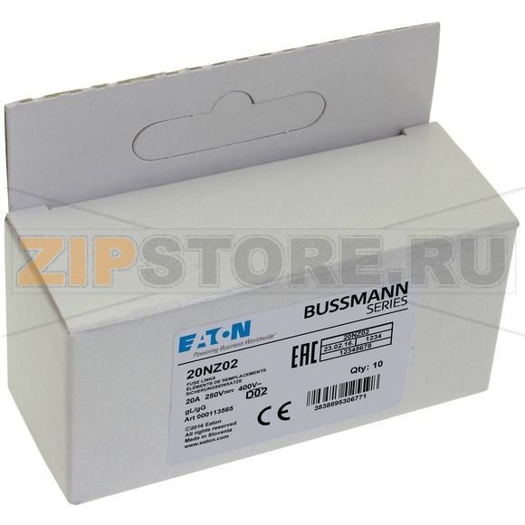 Предохранитель, 20 A, AC 400 В, 50 кА, D02, gL/gG, IEC с задержкой Eaton FUSE-D02 20A T GL/GG 400V 