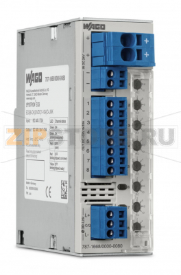 electronic circuit breaker; 8-channel; 24 VDC input voltage; adjustable 1 … 10 A; IO-Link Wago 787-1668/000-080 Features:Space-saving ECB with eight channelsNominal current: 1 … 10 A (adjustable for each channel via sealable selector switch or IO-Link interface)Switch-on capacity > 50000 ?F per channelOne illuminated, three-colored button per channel simplifies switching (on/off), resetting, and on-site diagnosticsTime-delayed switching of channelsStatus message and current measurement of each individual channel via IO-Link interfaceSwitch on/off each channel separately via IO-Link interface...