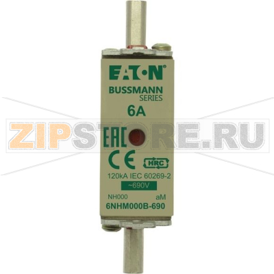 Предохранитель, 6 A, AC 690 В, 120 кА, NH000, aM, IEC Eaton NH FUSE 6AMP 690V aM SIZE 000 