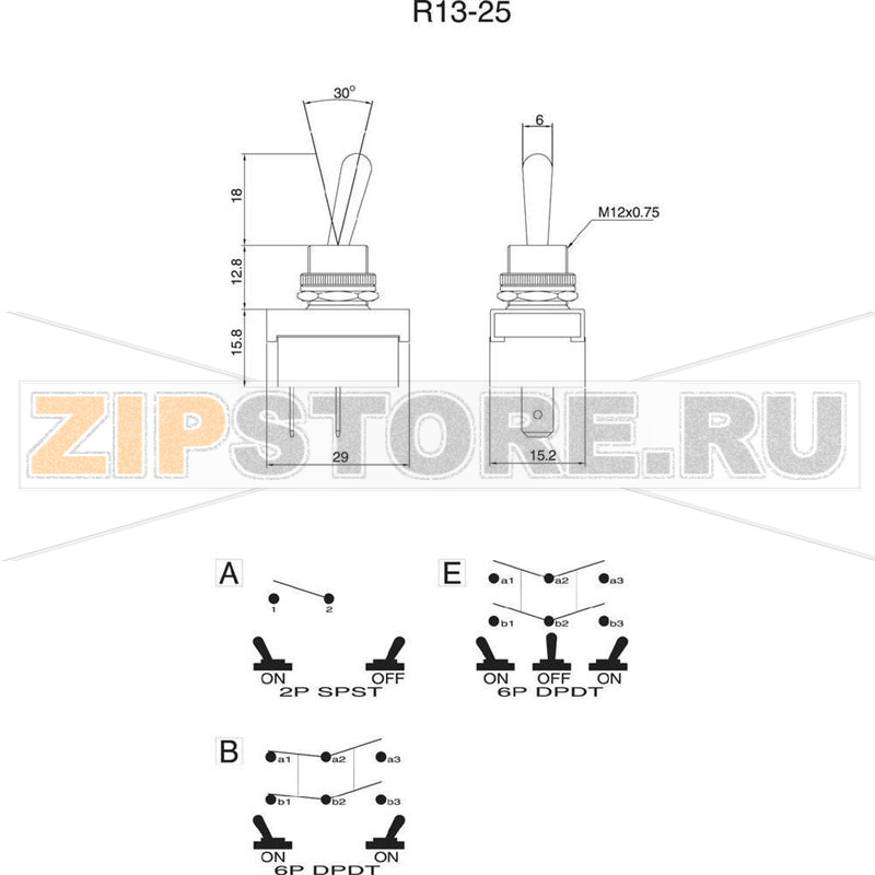 Тумблер 250 В/AC, 6 А, 2 x вкл/вкл, 1 шт SCI R13-25B1-05 