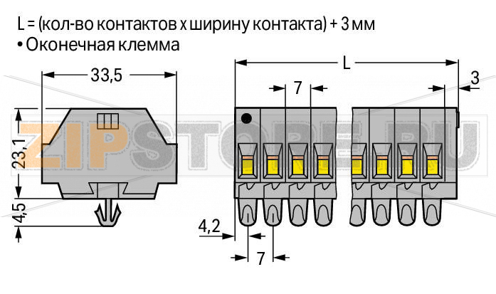 2-проводные клеммные колодки; 9-пол.; без кнопок; с защелкивающимися монтажными ножками; для толщины пластины 0,6 - 1,2 мм; Крепежное отверстие 3,5 мм O; 4 mm; CAGE CLAMP®; 4,00 mm; серые Wago 262-159 