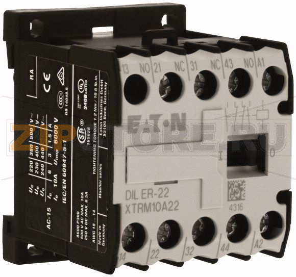Реле вспомогательное 3А, 48В (DC), контакты 2НО+2НЗ, AC-15 Eaton DILER-22-G(48VDC) 