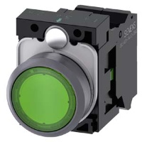 КНОПКА С ПОДСВЕТКОЙ, 22MM, КРУГЛАЯ,  ПЛАСТИК С МЕТАЛЛИЧЕСКИМ ФРОНТАЛЬНЫМ КОЛЬЦОМ, ЗЕЛЁНАЯ, ПЛОСКАЯ КНОПКА, КОНТАКТЫ МГНОВЕННОГО ДЕЙСТВИЯ, С ДЕРЖАТЕЛЕМ, 1NO, МОДУЛЬ ПОДСВЕТКИ С ИНТЕГРИРОВАННЫМ СВЕТОДИОДОМ 24V AC/DC,  ПРУЖИННЫЕ КЛЕММЫ, С ГРАВИРОВКОЙ ЛАЗЕРОМ