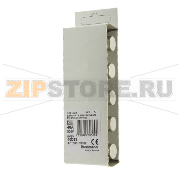 Предохранитель, 40 A, AC 500 В, 50 кА, D3, gL/gG, DIN, IEC с задержкой Eaton FUSE-D3 40A T GL/GG 5 