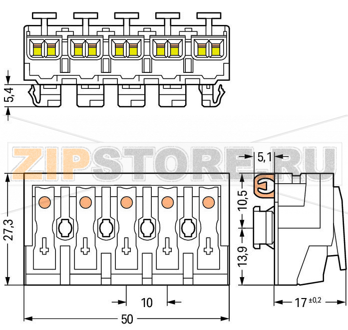 Lighting connector; push-button, external; for Linect®; with direct ground contact; DA+ DA- L PE N; 5-pole; Cod. I; Lighting side: for solid conductors; Inst. side: for all conductor types; max. 2.5 mm; Surrounding air temperature: max 85°C (T85); 2,50 m ?Внешний универсальный зажим для одножильных, многожильных и тонкопроволочных проводовУниверсальный зажим для проводника (AWG, метрический)Третий контакт: в нижней части клеммы со стороны светильника - Пластина разгрузки натяжения может настраиваться...
