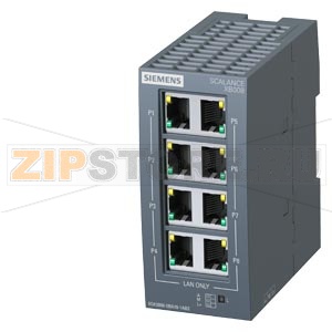 SCALANCE XB008 Unmanaged Industrial Ethernet Switch for 10/100 Mbit/s for setting up small star and line topologies; LED diagnostics, IP20, 24 V AC/DC power supply, with 8x 10/100 Mbit/s twisted pair ports with RJ45 sockets; Manual available as a download 