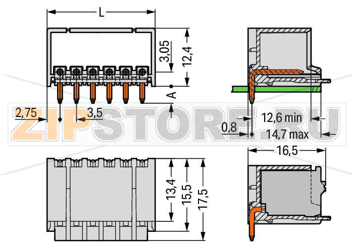 THR male header; 1.0 mm O solder pin; angled; in tape-and-reel packaging; Pin spacing 3.5 mm; 6-pole; light gray Wago 2091-1426/200-000/997-406 Сборка розеток без потери полюсов позволяет разделение различных функций в одной вилкеКодировочные штифты, установленные в вилку, предотвращают неправильную стыковку, что позволяет последующее кодирование в сквозных соединенияхКорпус вилки полностью закрывает розетку, что обеспечивает виброустойчивость до 20 g...